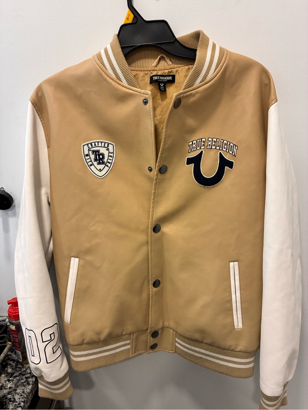 True Religion Tan and White Varsity Bomber Jacket